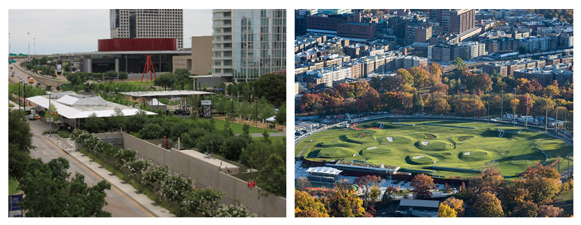 Klyde Warren Park (left), Croton golf course and driving range (right)